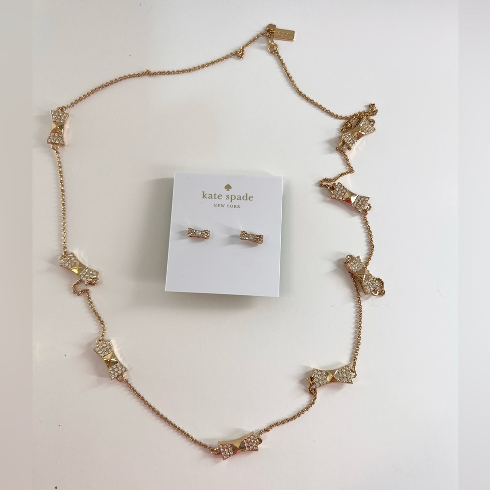 Kate Spade Take A Bow Necklace Double Sided Crystal Bows 32” matching earrings